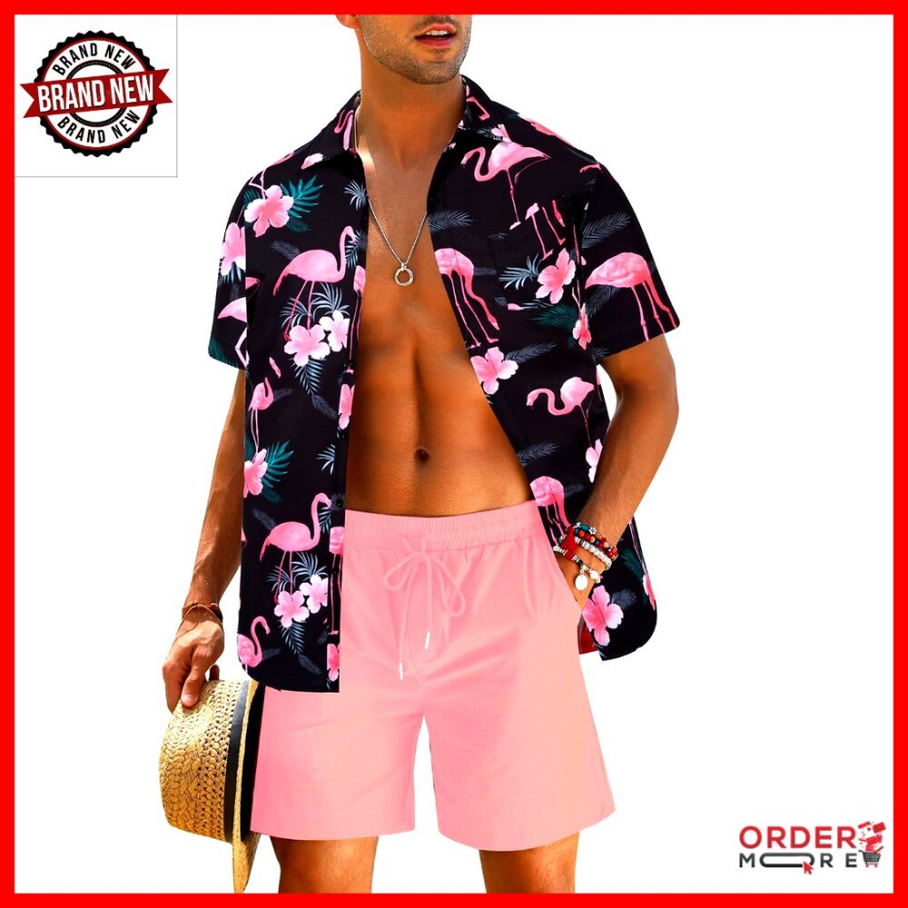 Men's Hawaiian Shirt And Shorts Set, Quick Dry, Recycled Material, Size Medium